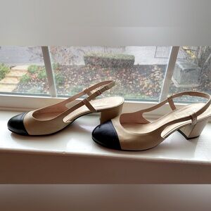French Sole - leather black/tan baton heels - Size 9